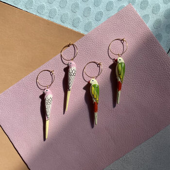 Handmade Pink / White Wooden Parrot Hoop Earrings, 5 of 6