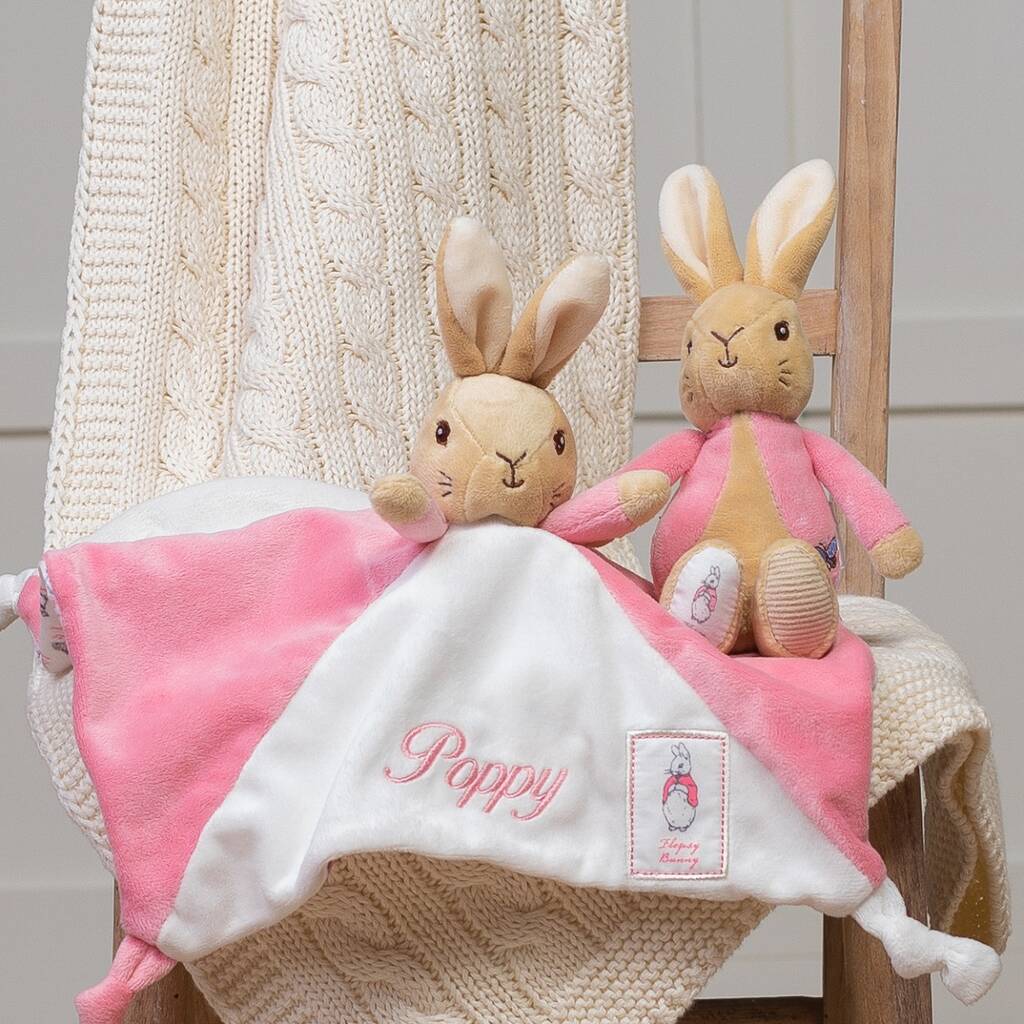 Personalised Flopsy Bunny Comfort Blanket And Rattle, 1 of 5