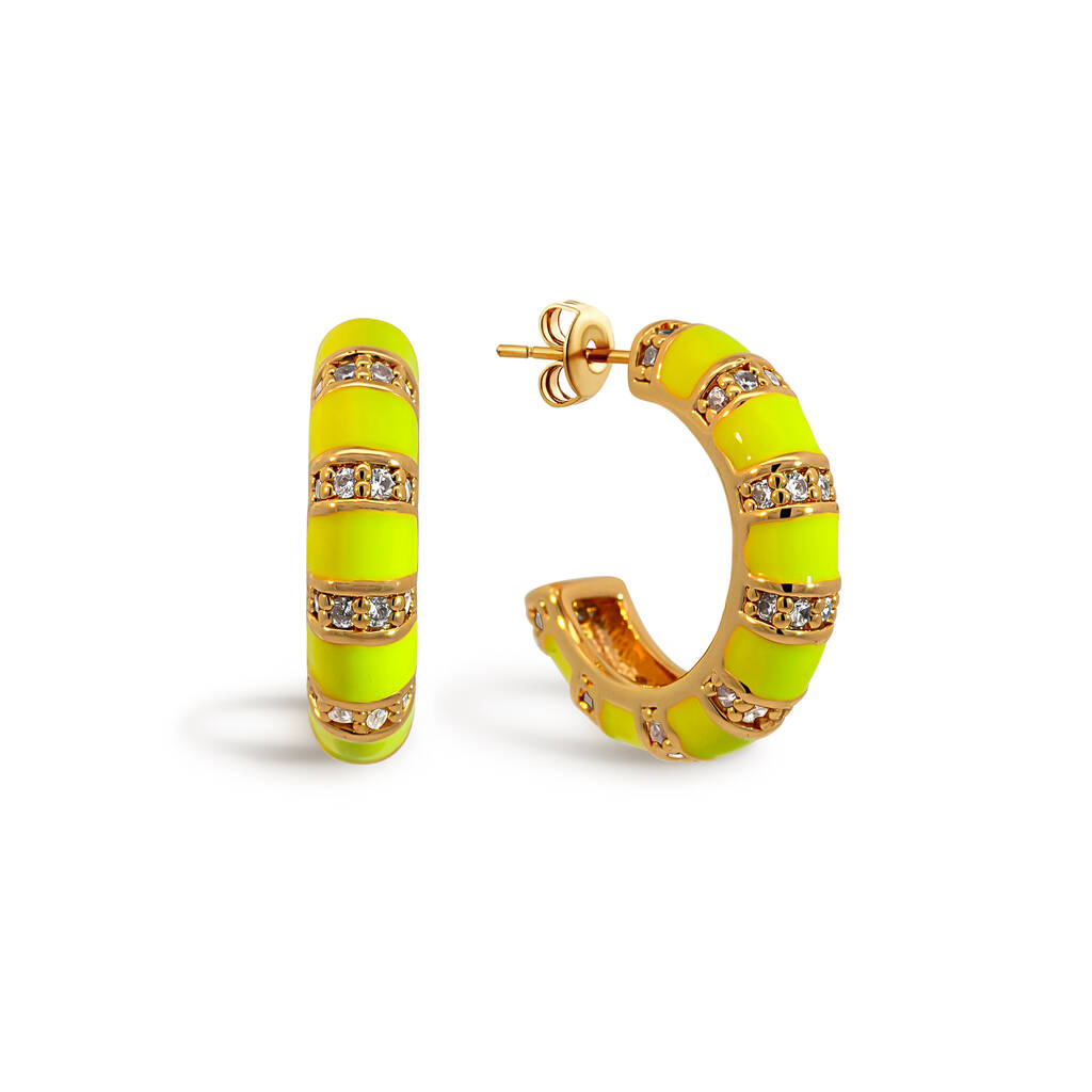 Neon Yellow Striped Half Hoop Earrings