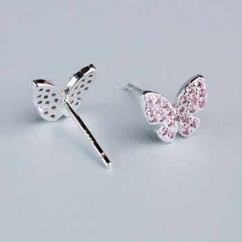 Sterling Silver Pink Sparkly Butterfly Stud Earrings, 3 of 5