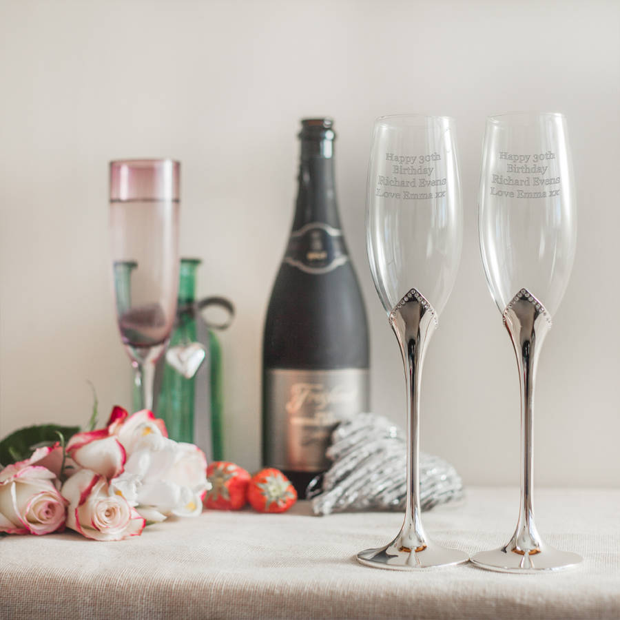 Engraved Champagne Flute Set With Silver Stems By Gifts Online4 U