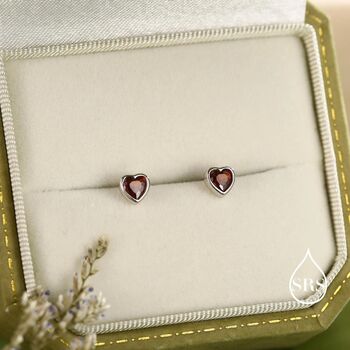 Tiny Garnet Red Cz Heart Stud Earrings, 2 of 12