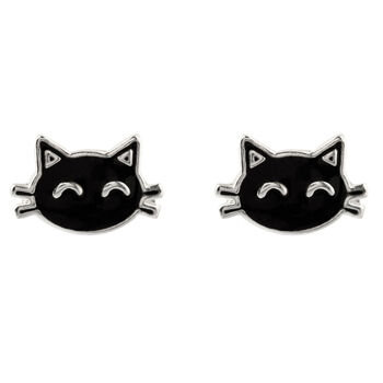 Sterling Silver Black Cat Enamel Stud Earrings, 2 of 3