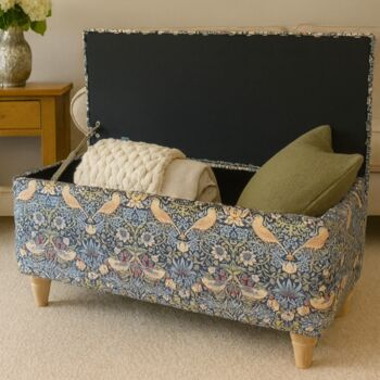 William Morris Navy Strawberry Thief Storage Ottoman Footstool, 2 of 4