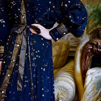 'Ember' Black And Gold Small Geo Print Long Tiered Dress, 4 of 8