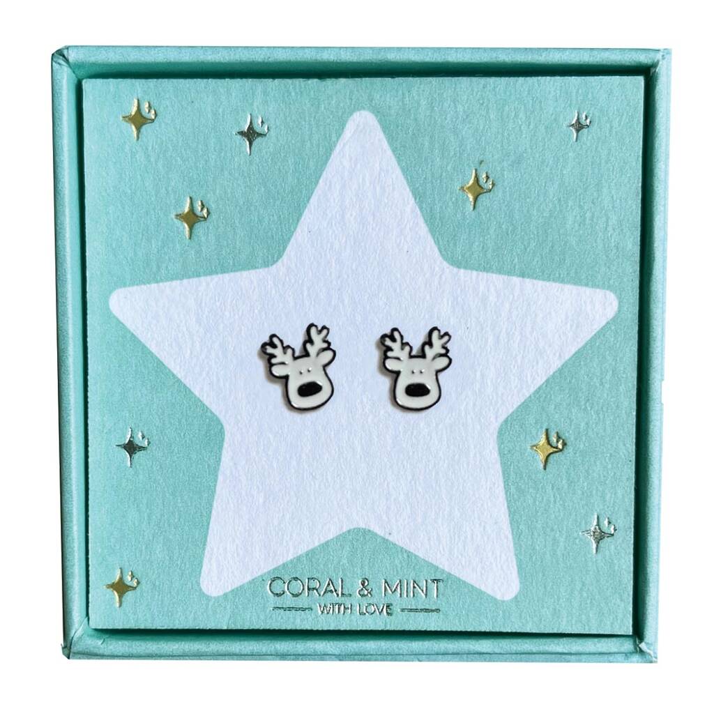 Christmas Edition White Enamel Reindeer Studs, 1 of 3