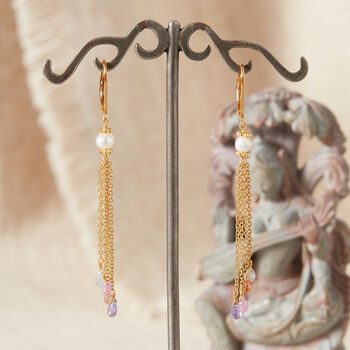 Pearl And Pastel Sapphire Gemstone Chain Earrings, 18 K Gold Vermeil, 6 of 7