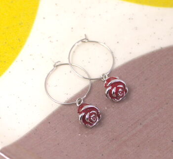 Hoop Earrings With Rose Charms, 2 of 3