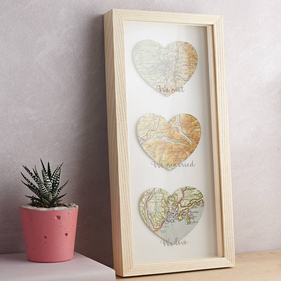 Three Personalised Map Hearts Etched Wedding Gift, 1 of 5