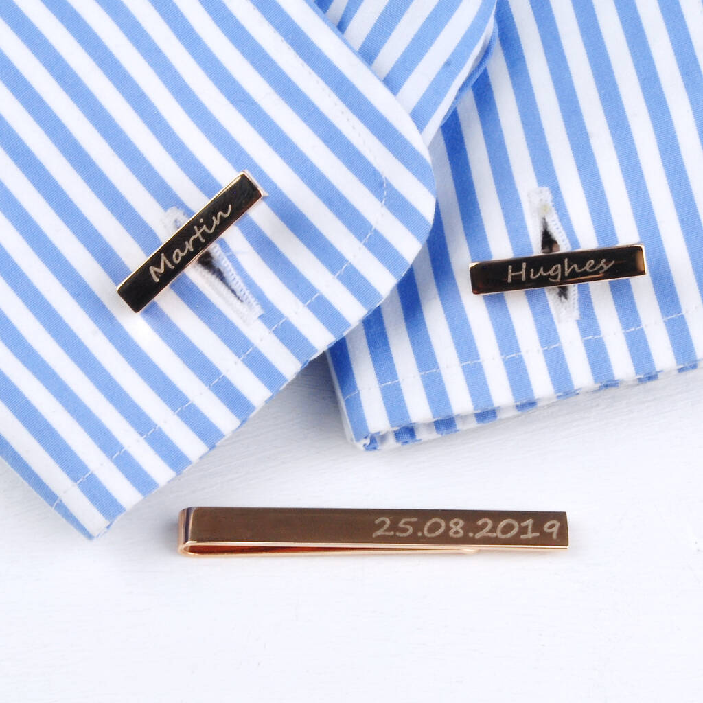 Personalised Rose Gold Tie Slide And Bar Cufflinks Set, 1 of 9