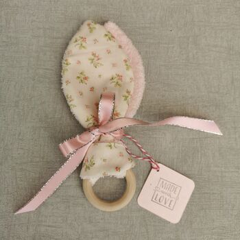 Fabric Bunny Ear Teething Ring, Pink Floral Baby Gift, 9 of 12