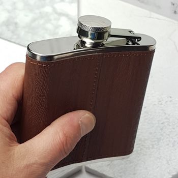 Personalised Leather Hip Flask With Wood Texture Detail, 5 of 8