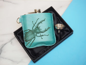 Personalised Leather Hip Flask With Stag Beetle, 2 of 8