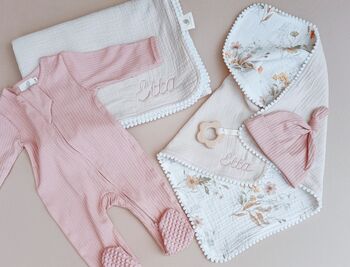 Personalised New Baby Gift Set, Handmade Newborn Blanket And Comforter With Wooden Teether, 7 of 8