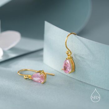 Sterling Silver Tourmaline Pink Pear Cut Cz Drop Earrings, 6 of 10
