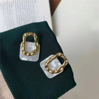 Gold Acrylic Resin Geometric Lock Square Drop Earring, 5 of 7