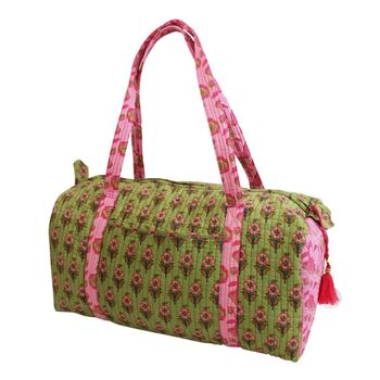 Block Printed Green And Pink Floral Quilted Duffle Bag, 5 of 5