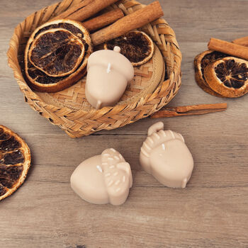 Set Of Three Beige Acorn Shaped Autumn Candles, 5 of 10