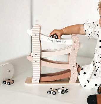 Personalised Wooden Pastel Pink Car Roller Toy With Cars, 9 of 11