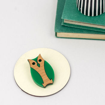 Owl Brooch Made From Green Acrylic And Wood, 5 of 11