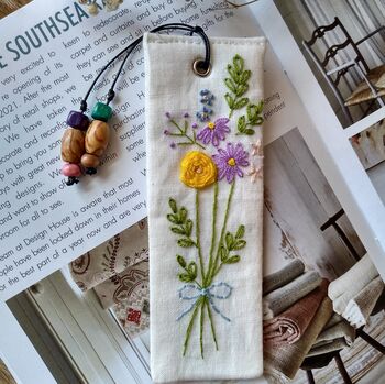 Hand Embroidered Flower Bouquet On Linen Bookmark, 5 of 5