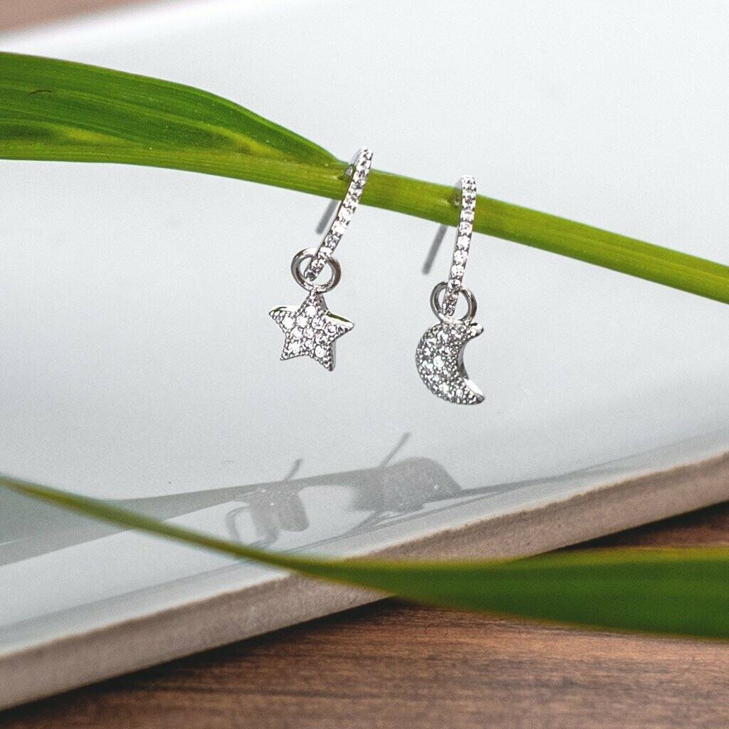 Silver Dazzling Star And Moon Earrings, 1 of 3