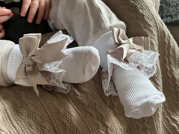 Taupe Ribbon And White Lace Baby Socks, 3 of 6