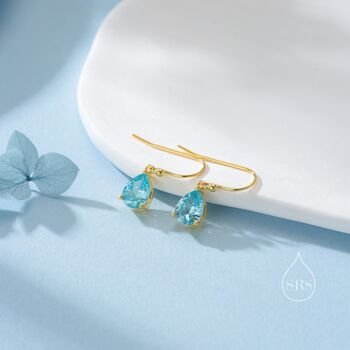 Sterling Silver Aquamarine Blue Cz Droplet Drop Earrings, 2 of 12