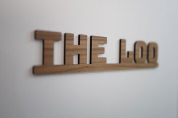 The Loo Sign: Walnut Wood Door Topper With Adhesive Dots, 6 of 7