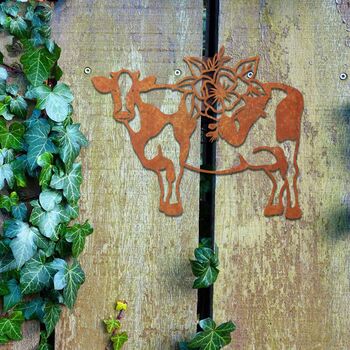 Rusted Metal Cow Garden Decor Cow With Flowers Art, 8 of 11