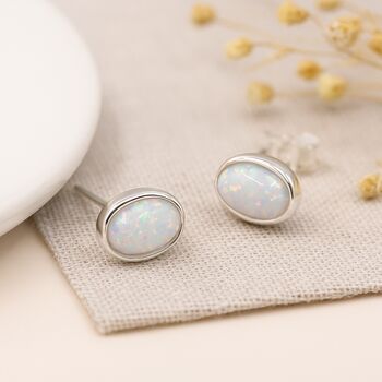 Sterling Silver White Opal Oval Stud Earrings, 3 of 11