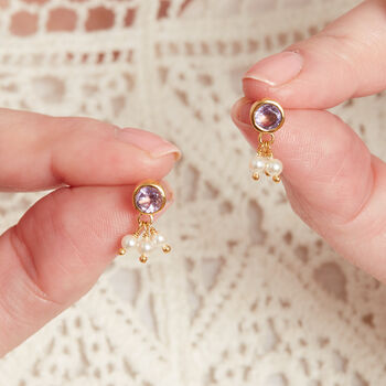 Purple Amethyst And Pearl 18 K Gold And Silver Stud Drops, 4 of 7