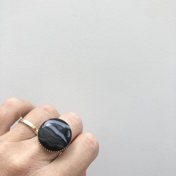 Black Banded Round Agate Gemstone Ring Set In Silver, 2 of 7