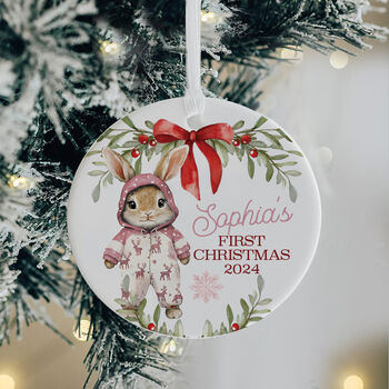 Personalised Baby's First Christmas Ceramic Bauble In Pink, Blue Or Red, 3 of 7