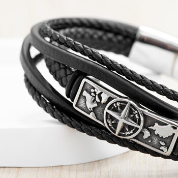 Personalised Travel Compass Stacked Leather Bracelet, 3 of 5