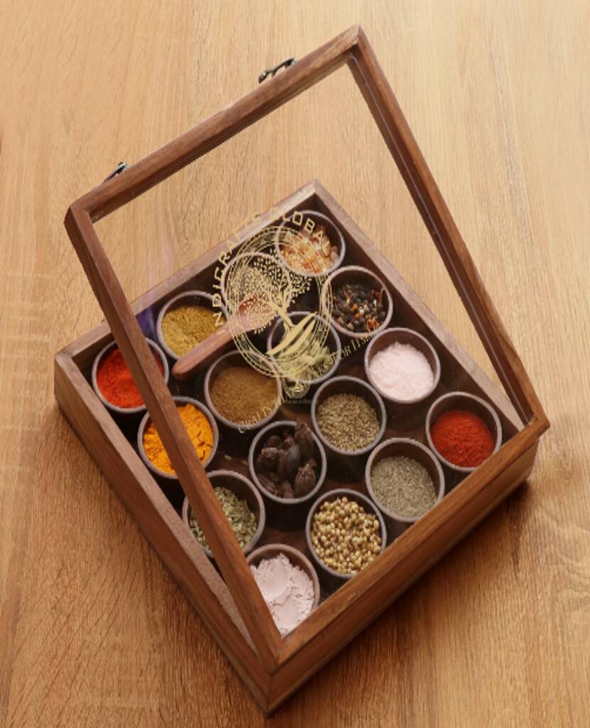 Wooden Handcrafted Spice Box With 16 Round Compartments, 1 of 4