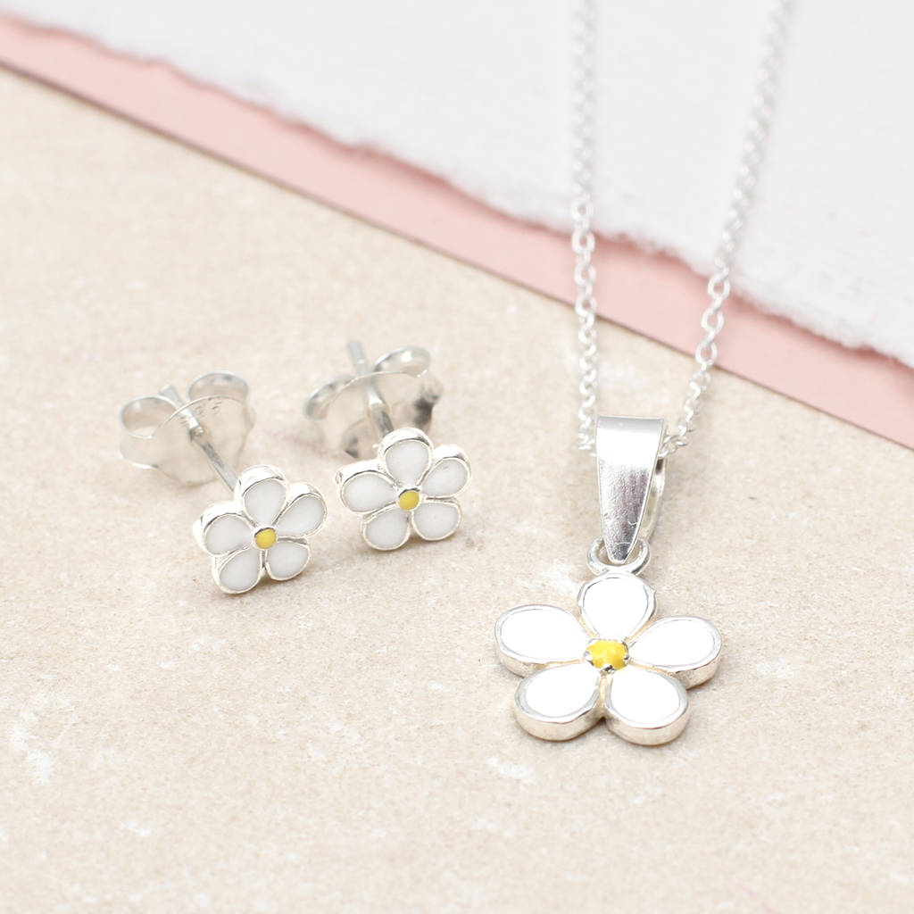 Girl's Sterling Silver And Enamel Daisy Necklace Set, 1 of 3