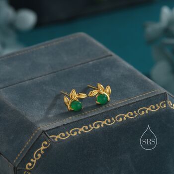 Sterling Silver Tiny Leaf With Natural Green Onyx Stud Earrings, 6 of 12