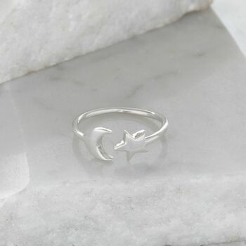 Adjustable Moon And Star Ring In Sterling Silver By Lime Tree Design
