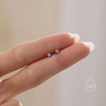 Sterling Silver Extra Tiny 2mm Aquamarine Blue Cz Stud Earrings, 2 of 12