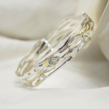 Fluid Green Amethyst And Pearl Silver Bangle, 3 of 7