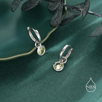 Sterling Silver August Birthstone Peridot Green Crystal Drop Hoop Earrings, 6 of 11