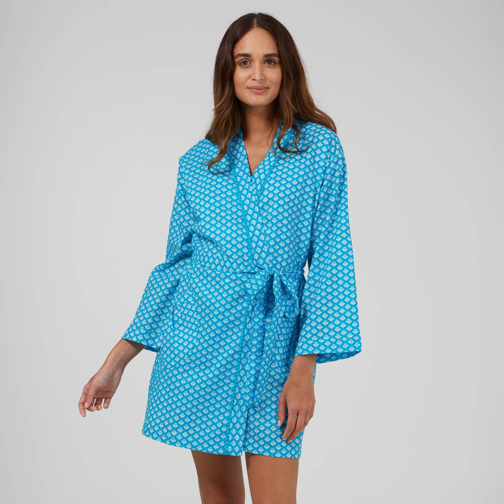 Short Cotton Robe In Turquoise Lilypad Print By Caro London