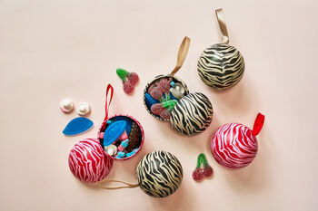 Trio Of Baubles In Swedish Design Filled With Swedish Candy, 5 of 12