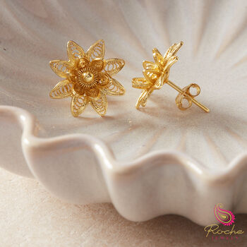 Filigree Flower Petals Gold Plated Stud Earrings, 8 of 9