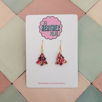 Pink And Gold Christmas Tree Glitter Resin Earrings / Pink Christmas Jewellery / Christmas Gift / Bold Sparkly Pink Holiday Accessory, 6 of 12