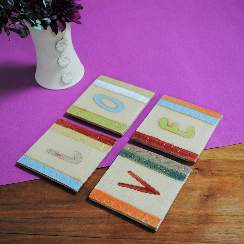 Love Ceramic Letters Coasters Set Bright Colours By IGstudio Ceramics