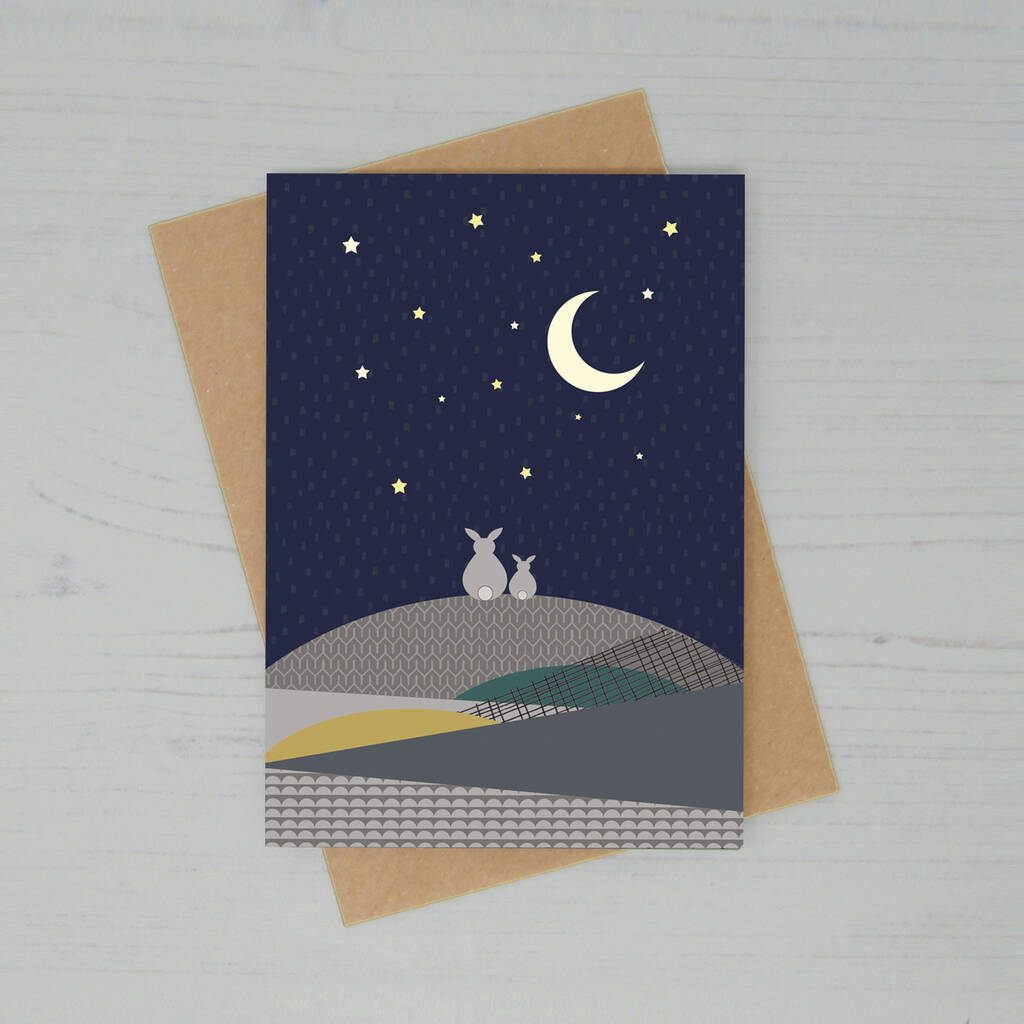 Bunnies Under The Moon Greeting Card By Lucy Alice Designs