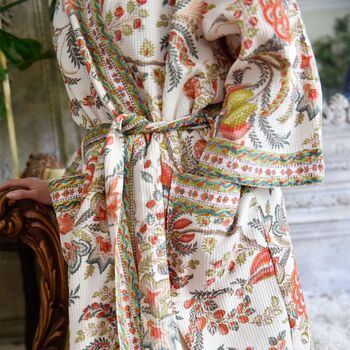 Peach Floral Waffle Cotton Dressing Gown, 2 of 5