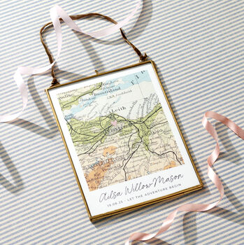 Personalised New Baby Vintage Map Stitch Heart Print, 5 of 10
